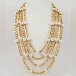 Kenneth J. Lane Four Strand Faux Pearls Gold Tone Çhain Signed VTG Necklace